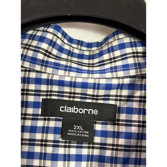 Claiborne Mens Blue White Black Plaid Short Sleeve Button Front Shirt 2XL Cotton - Picture 3 of 4
